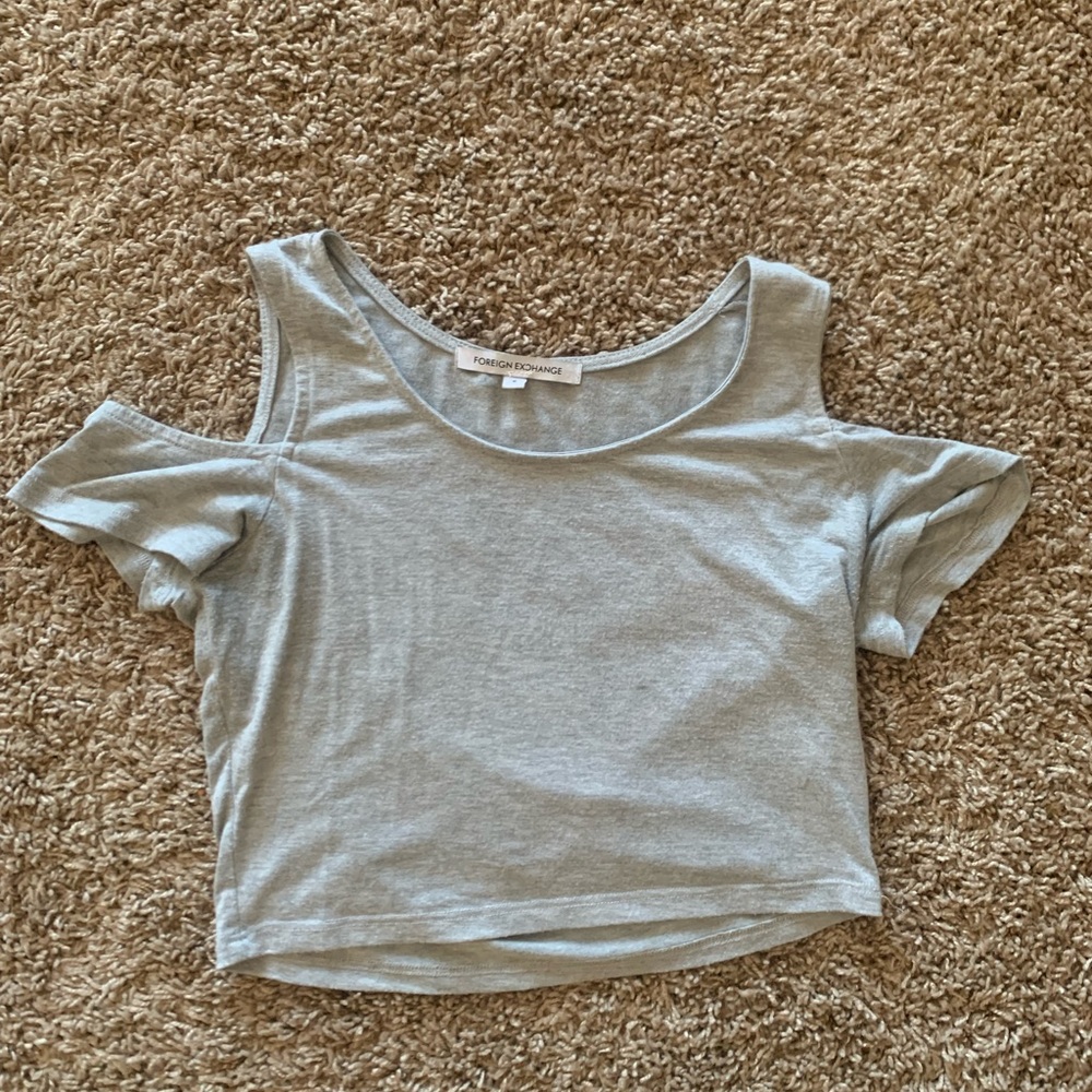 Grey short sleeve crop top with cut out shoulders